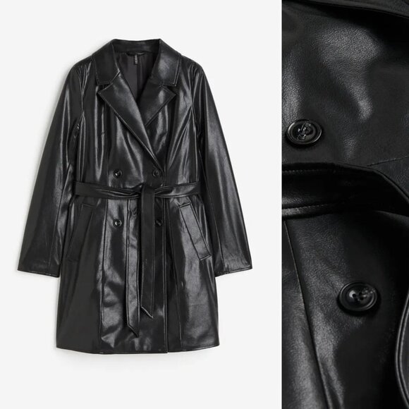 BNWT Premium H&M Vegan Leather Rain Shiny Sexy Trench Coat Black XXS - Picture 5 of 10